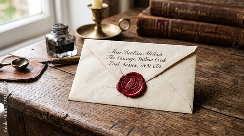 Envelope sealed with wax on rustic wooden desk
