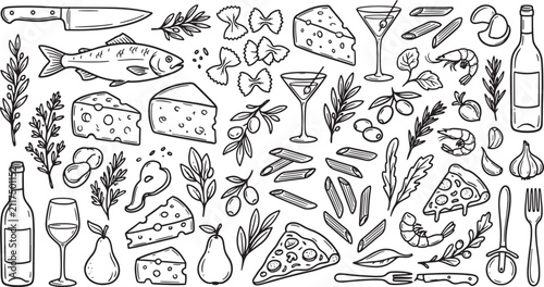 Hand drawn food and drink collection featuring pasta cheese wine fish and herbs in sketch style