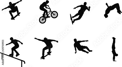 Set of extreme sports silhouettes featuring skateboarding BMX parkour snowboarding and rollerblading icons