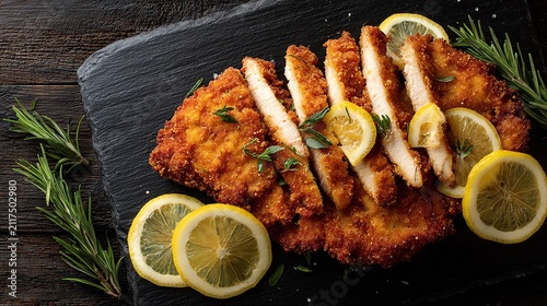 Delicious Breaded and Fried Chicken Cutlet with Lemon Slices and Herbs