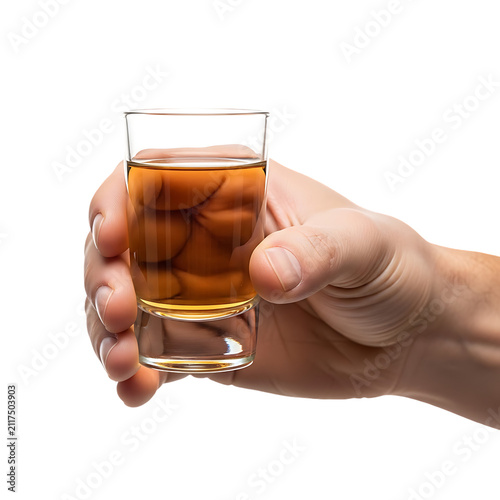 Human hand holding a small glass of amber spirit on transparent background