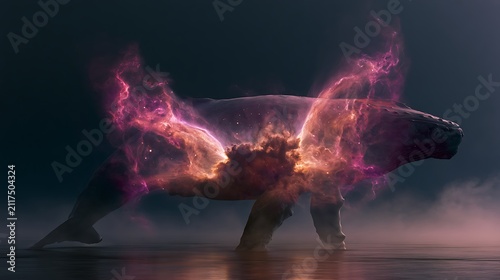 Prompt: A poetic double exposure artwork of cosmic ancientness. A dark silhouette of an ancient giant whale-beast is filled with a scenic landscape of the Butterfly Nebula (NGC 6302), its glowing 
