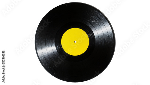 Cuadro en lienzo Black vinyl record with yellow label, isolated on transparent background