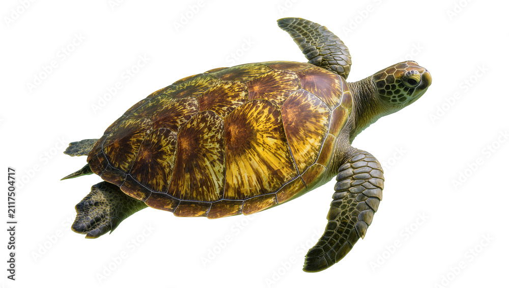 Fototapeta premium Green sea turtle with patterned shell swimming, isolated on transparent background