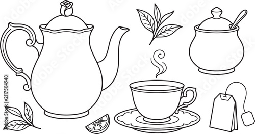 Tea time set with teapot cup and sugar bowl line art illustration for coloring book page