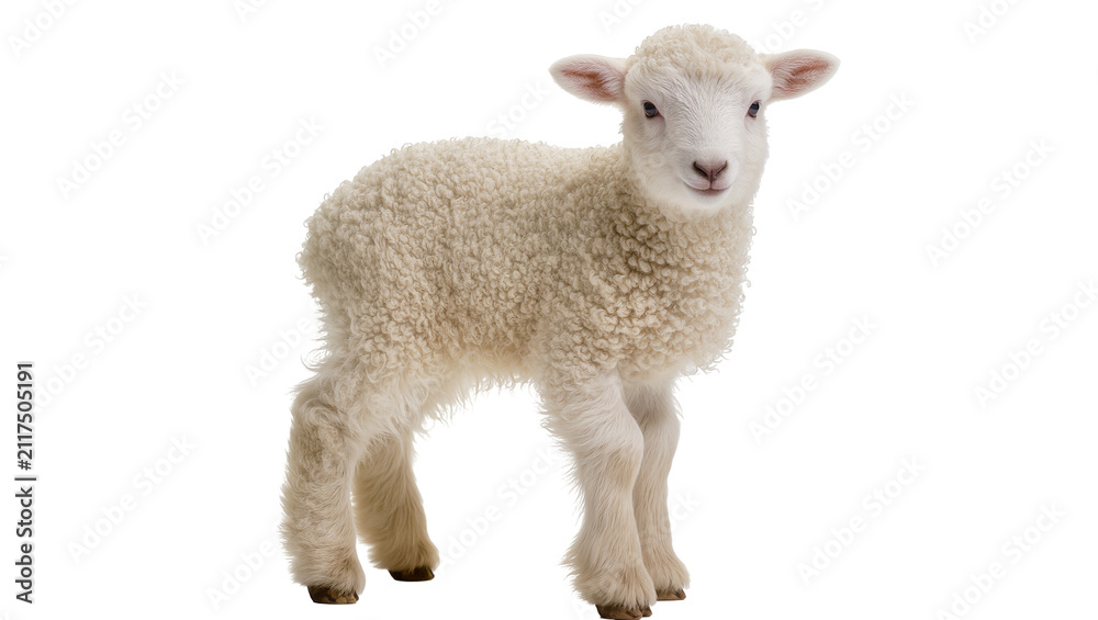 Fototapeta premium Fluffy white lamb standing, isolated on transparent background