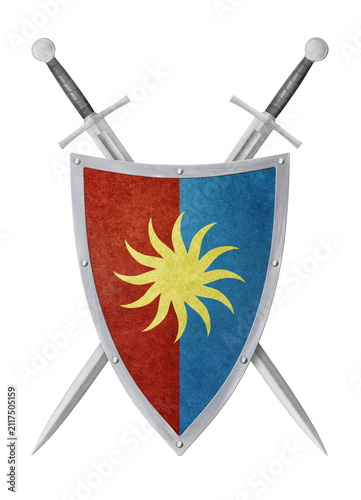 color shield and two swords isolated on white