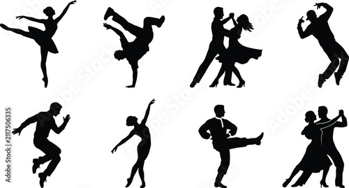 Cuadro en lienzo Set of silhouette dance icons featuring ballet dancers breakdancer ballroom coup