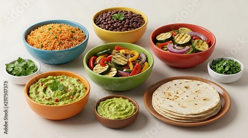 A delicious spread of traditional comida mexicana ingredients featuring black beans, seasoned rice, grilled vegetables, guacamole, and flour tortillas.