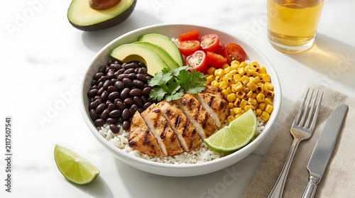 Comida mexicana chicken bowl with grilled breast, black beans, corn, avocado, lime, and rice served in a white bowl on a bright kitchen table background