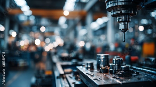 A detailed factory scene captures a metalworking machine in action, with blurry background elements of a manufacturing environment