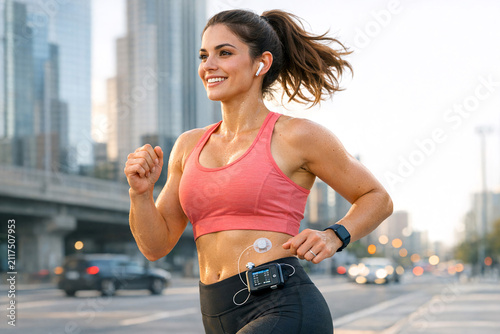 A smiling woman running in an urban setting, wearing a pink tank top and black shorts, with headphones and a fitness tracker. She is crossing the street near tall buildings and cars.
