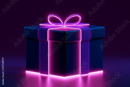Neon Gift Box with Glowing Ribbon on Dark Purple Background