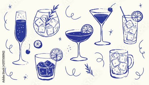 Bild auf Leinwand Set of hand drawn cocktails and drinks with ice and citrus garnish