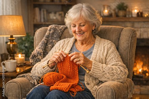 An elderly woman sitting comfortably and knitting a sweater in front of a cozy fireplace.