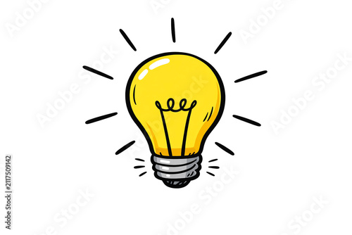 Simple cartoon drawing of a light bulb glowing with a burst of light for symbolizing inspiration or an idea.