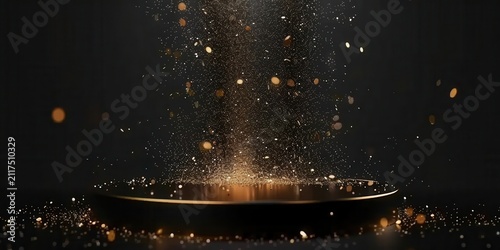Pedestal displays a product with shimmering golden dust falling from above in the darkness.