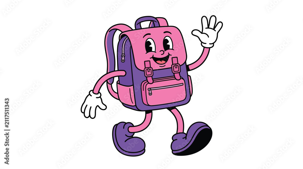Naklejka premium Cartoon Pink Backpack Character Waving Happily.