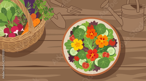 Fotografie Edible Nasturtium Flowers Garnishing Salad Garden Harvest