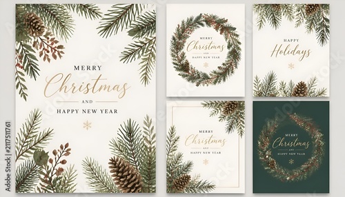 Christmas and Happy holiday greeting card vector set. Elegant hand drawn wallpaper with pine leaves, pinecone, wreath. Holidays design illustration for cover, print, poster, Happy New Year, ads.