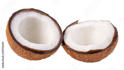 Canvastavla Two halves of a ripe coconut with white flesh, isolated on transparent backgroun