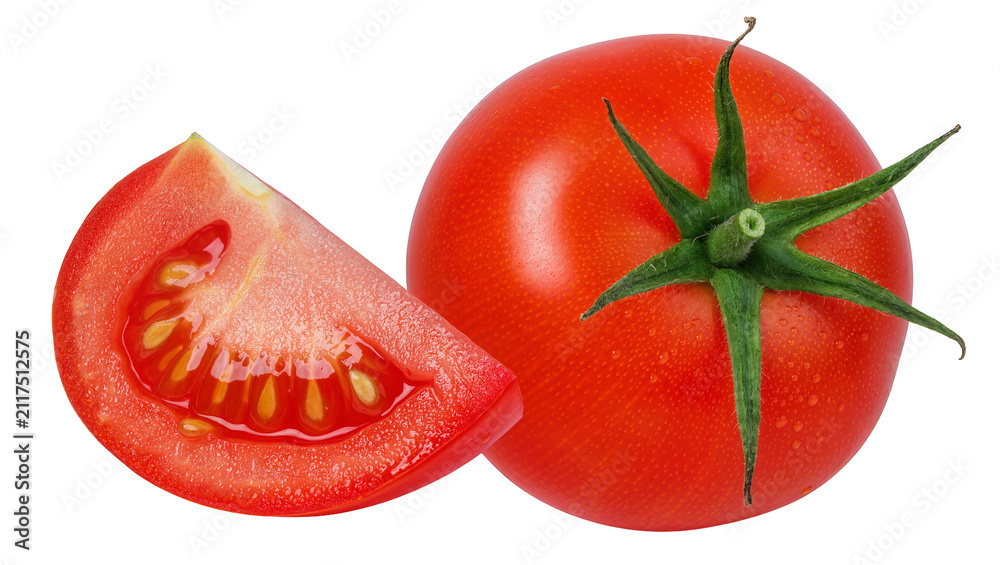 Photography Poster Whole red tomato with green stem and slice