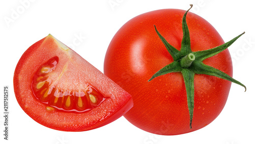 Canvas Print Whole red tomato with green stem and slice showing seeds, isolated on transparen