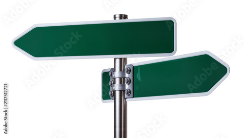 Obraz na płótnie Two blank green directional street signs on metal pole, isolated on transparent