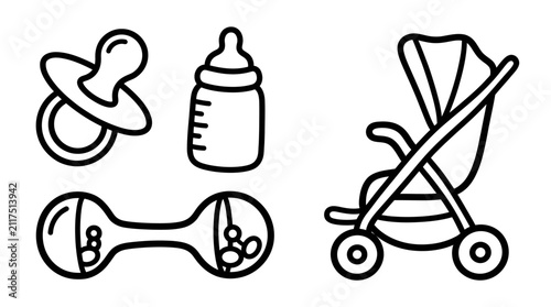 Baby essentials icons: pacifier, bottle, rattle, stroller - clean line art vector illustration