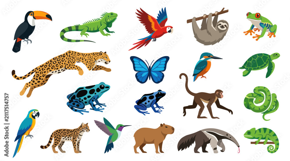 Naklejka premium Flat Style Tropical Animals Collection Vector Illustration, Wildlife Art
