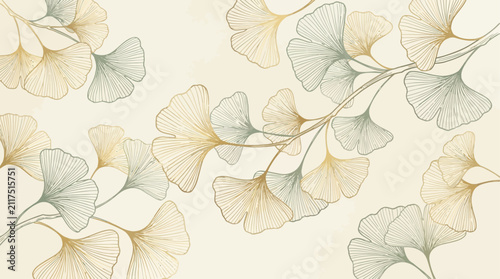 Elegant Luxury Art Background Featuring Golden Ginkgo Leaf Element in Fine Line Botanical Style with Decorative Tree Branch Detail for Modern Minimalist Wall Decor and Creative Graphic Banner Design