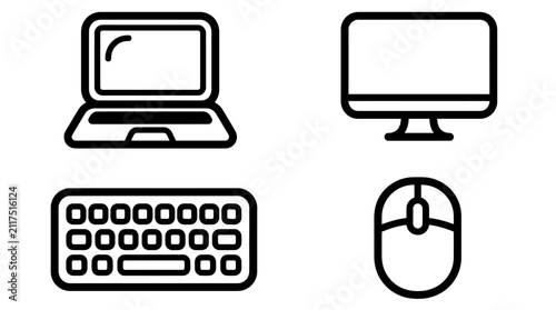 Computer Icons: Laptop, Monitor, Keyboard, Mouse - Clean Line Art Set