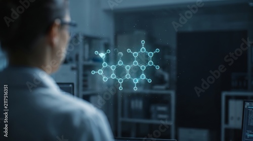 Female scientist analyzing glowing chemical molecule hologram structure in futuristic high tech laboratory for medical research