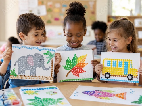 Diverse group of happy preschool children proudly displaying their colorful dot paintings in a bright classroom setting, creative art education con...