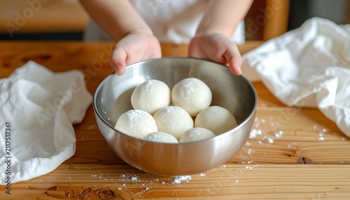 ボウルに入った完成した月見団子、親子での食育、十五夜の準備