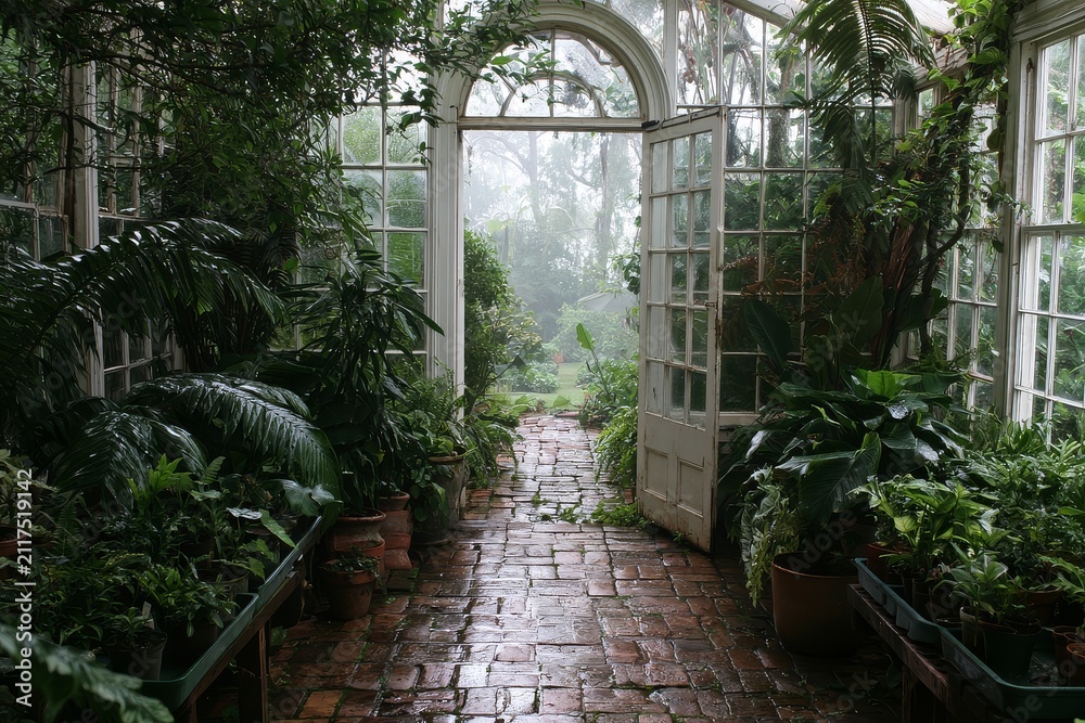 Obraz premium A greenhouse doorway after rain with plant trays featuring wet brick floor, clear spatial layout.