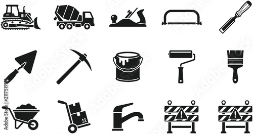 Collection of construction and renovation tool icons in black and white.