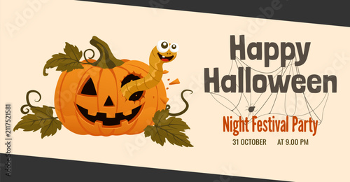 Halloween party invitation. Halloween party poster with a pumpkin and a worm crawling out of it. Vector illustration.