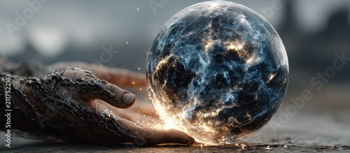 Glowing glass sphere on fire.