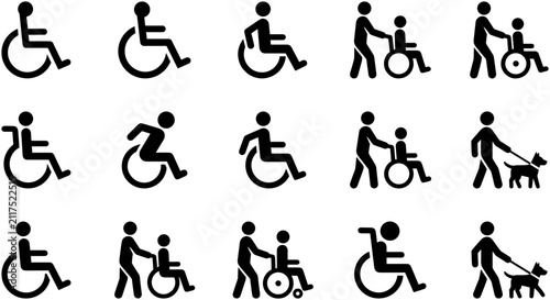Set of black disability and accessibility icons including wheelchairs and service dogs.