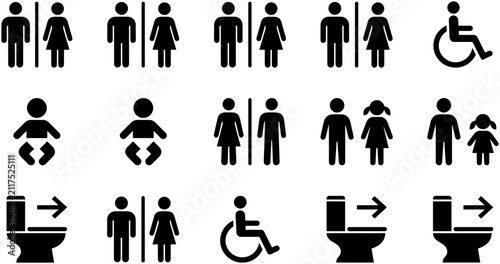Collection of black vector restroom and accessibility sign icons.