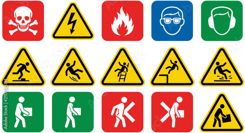 Foto Set of Various Industrial Workplace Safety Signs and Hazard Warning Symbols