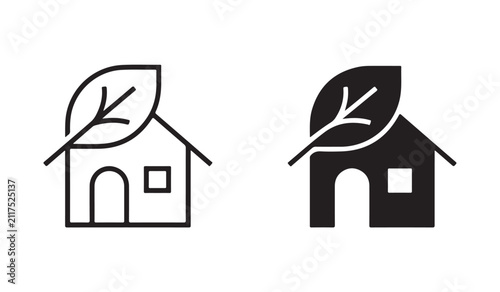 Eco-friendly home icon with green leaf. Concept of sustainable living, environmentally friendly house, renewable energy, green building, eco housing and nature conservation.