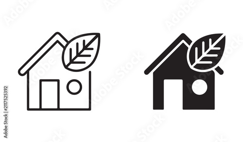 Eco-friendly home icon with green leaf. Concept of sustainable living, environmentally friendly house, renewable energy, green building, eco housing and nature conservation.