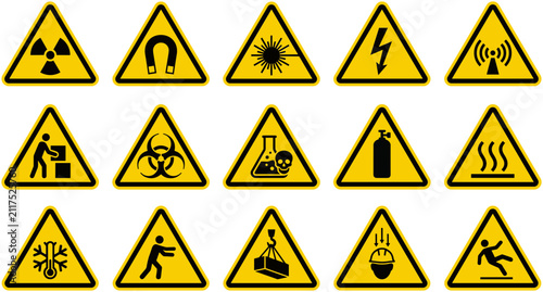 Bild auf Leinwand Set of fifteen yellow triangular hazard warning safety signs for workplace and industrial environments
