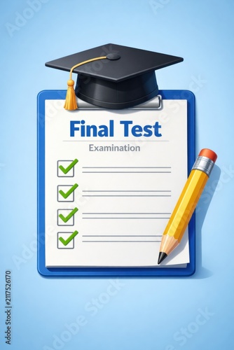 final test examination checklist with pencil and graduation cap