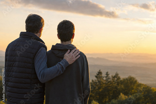 Supportive friends facing a hopeful sunrise together