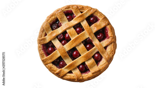 Fotografie Golden brown lattice cherry pie with juicy red cherries, isolated on transparent