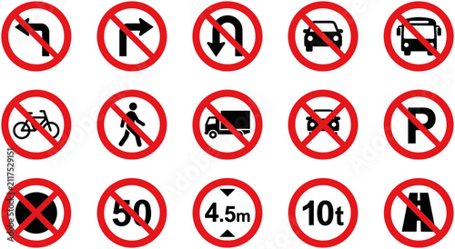 фотографія Set of fifteen circular road traffic prohibition signs.