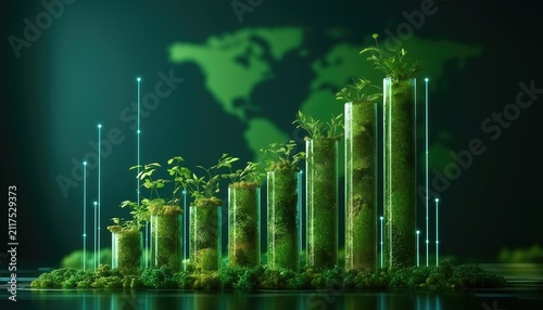 Rising bar chart made of glass cylinders filled with green plants and soil